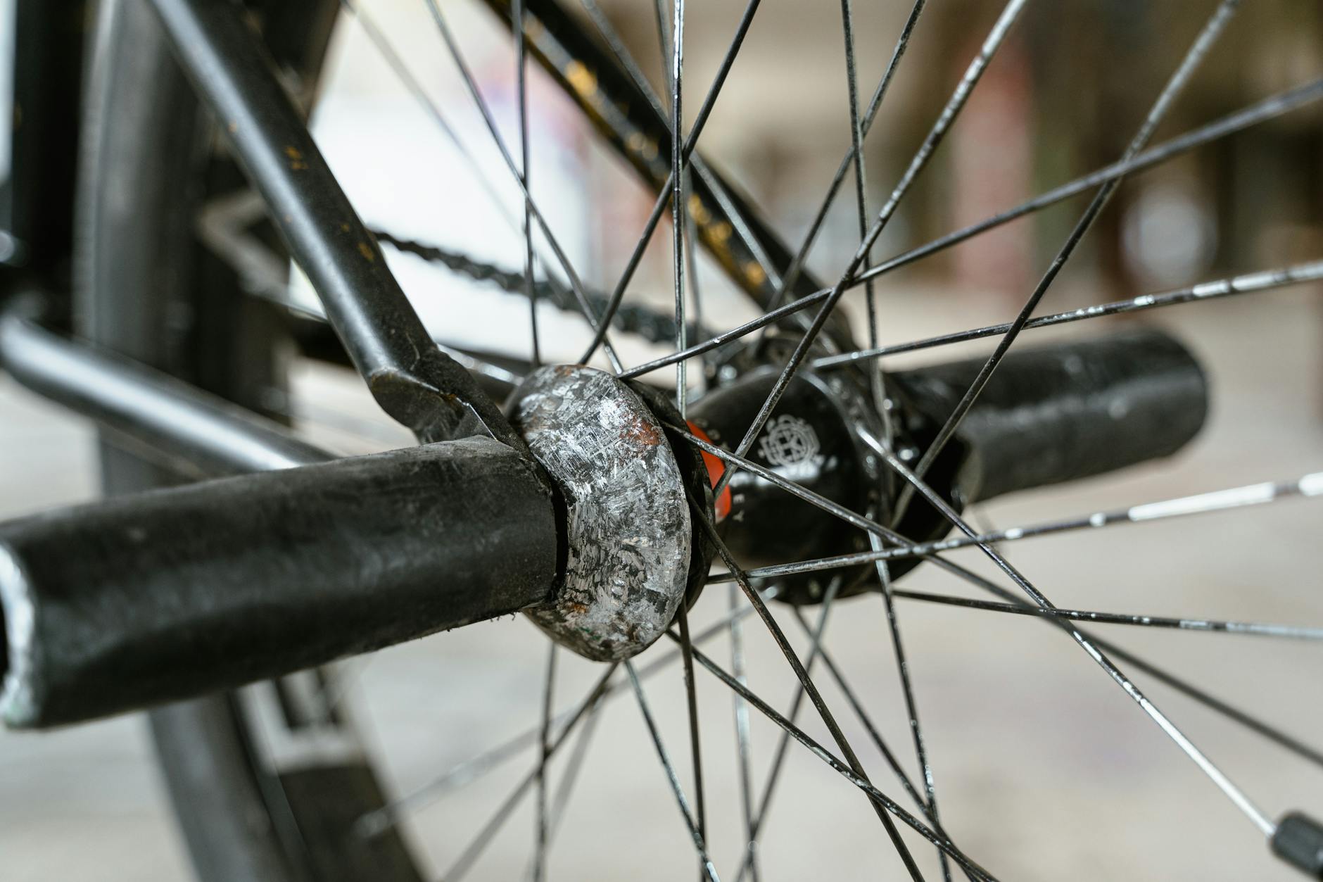 Detailed image of a bicycle wheel, showcasing spokes and hub in focus.