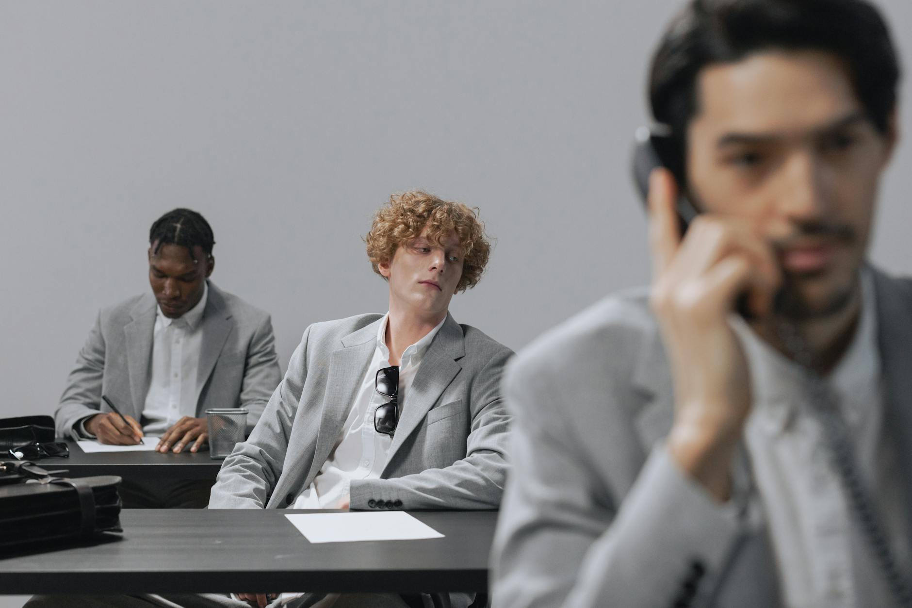 Three office workers in grey suits focusing on tasks in a professional setting.