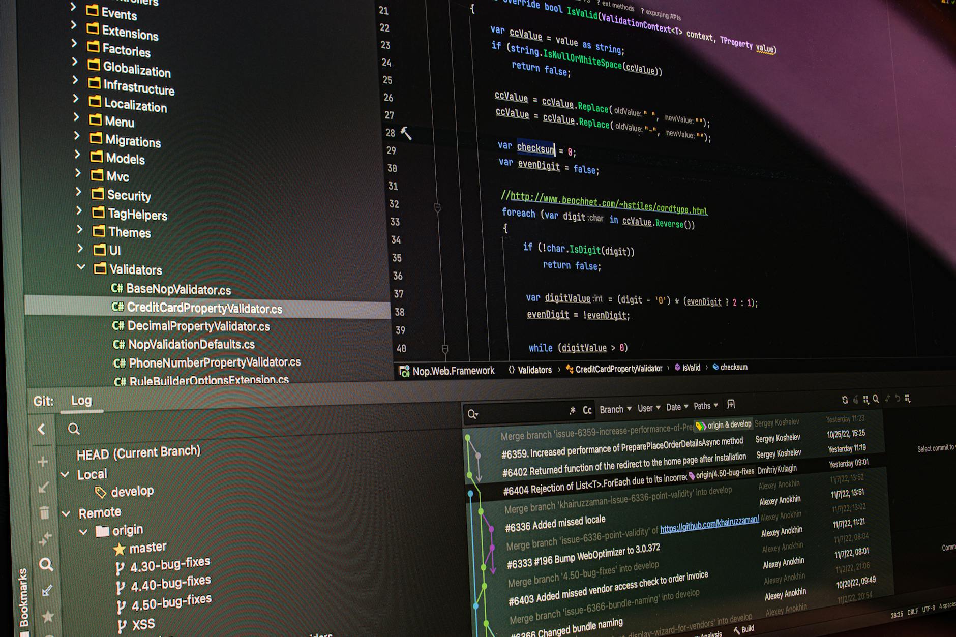 Close-up of software development tools displaying code and version control systems on a computer monitor.