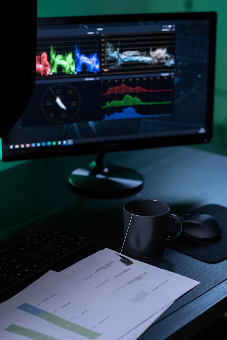 A dimly lit workspace featuring a computer monitor with analytics, a cup of tea, and documents.