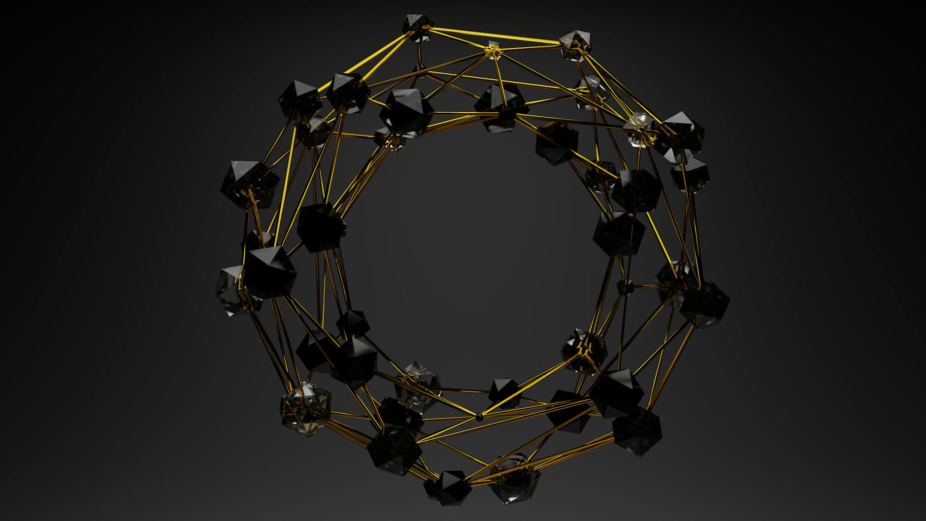 3D abstract geometric structure with gold lines and black polygons on a dark background.